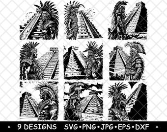 Aztec Warrior and Pyramid SVG Bundle | Tribal Clipart for Engraving, Prints and Crafts