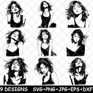 Schöne Frau Messy Hair selbstbewusst Sexy Lady feminine Laserdatei SVG PNG JPG Graustufen Brennen Bild geschnitten Vektor Untersetzer Schwarz Weiß Cnc Holz