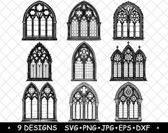 May include: Nine black and white illustrations of gothic style arched windows. Each window has a different design with intricate details.
