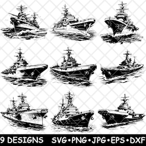 Può includere: Nove disegni di silhouette di navi da guerra in bianco e nero. Ogni nave è raffigurata mentre naviga sull'acqua.