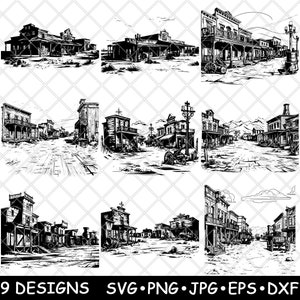 Puede incluir: Nueve ilustraciones en blanco y negro de escenas de pueblos del Viejo Oeste. Cada diseño representa una calle con edificios de madera, algunos con carruajes tirados por caballos. La parte inferior de la imagen incluye el texto "9 DESIGNS SVG PNG JPG EPS DXF".
