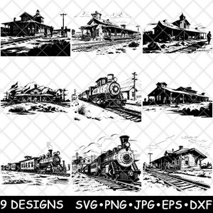 Ferrocarril del Oeste, Antigua Estación de Tren, Transporte Rural, Archivo Láser, SVG, PNG, JPG, Escala de Grises, Imagen Quemada, Corte, Vector, Posavasos, Negro, Blanco, CNC, Madera