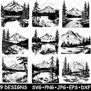 Könnte beinhalten: Neun Schwarzweißillustrationen einer Bergkette mit einem See im Vordergrund. Die Berge sind schneebedeckt und der See ist ruhig. Die Illustrationen sind in einem einfachen, minimalistischen Stil gehalten.