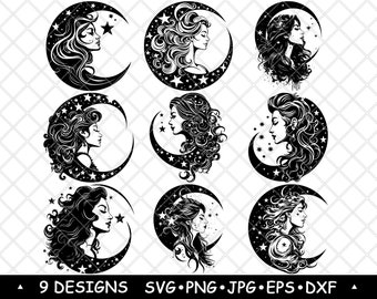 Celestial Moon Goddess Women Portrait Moon Phases Witchy Starry Night Set for Stickers & Engraving