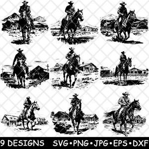 Western Cowboy Pferd Pferderücken Farm Town Desert Ranch Szene Laserdatei SVG PNG JPG Brennen Bild geschnitten Vektor Untersetzer Schwarz Weiß Cnc Holz