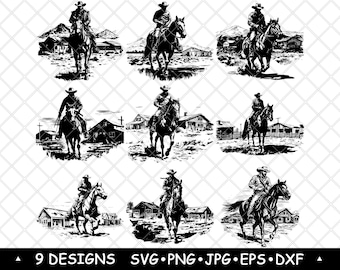 Cowboy Horse SVG Western Ranch Rider Silhouettes Rodeo Frontier Vector Laser Engraving Cricut Files
