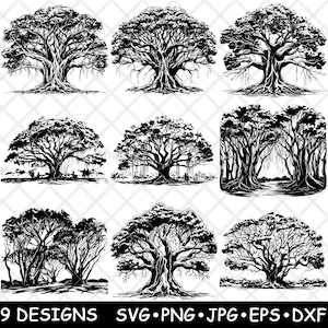 May include: Nine black and white tree designs are displayed, each with intricate details of branches, roots, and foliage. The designs vary in style, some featuring a single tree, others a forest scene. The bottom of the image includes the text "9 DESIGNS" and file type options.