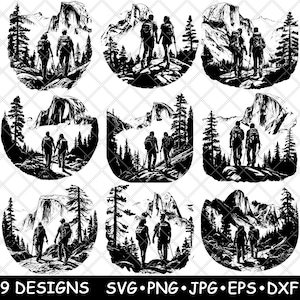 Yosemite demi dôme couple paire randonnée montagne rocheux fichier laser SVG PNG JPG niveaux de gris gravure image coupe vecteur sous-verre noir blanc Cnc bois