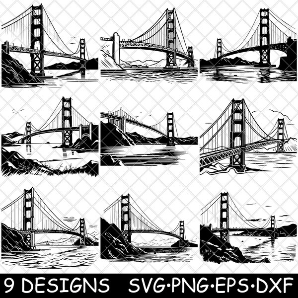 Golden Gate Bridge San Francisco California Famous Strait Bay Icon SVG,Dxf,Eps,PNG,Cricut,Silhouette,Cut,Laser,Stencil,Sticker,Clipart,Print