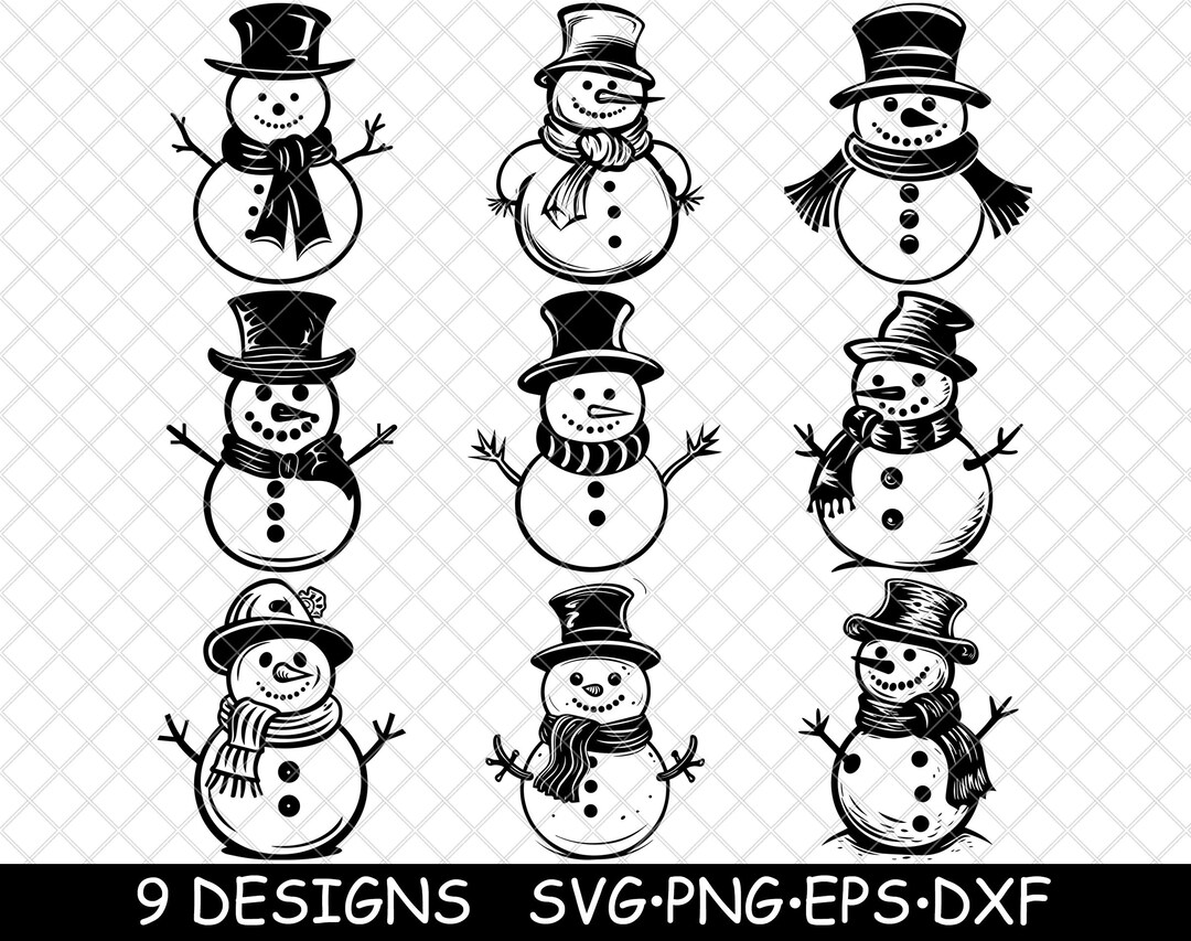 Snowman Clipart Bundle Vintage Snowman Line Art PNG SVG Winter Snowmen ...