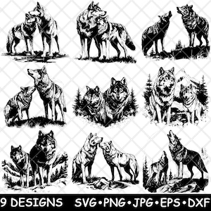 Ensemble de paires de loups gris gris hurlant planche de bord de scène de famille sous-verre noir blanc SVG, Dxf, Eps, PNG, Glowforge, décoloration, découpe, laser, gravure, fer à repasser