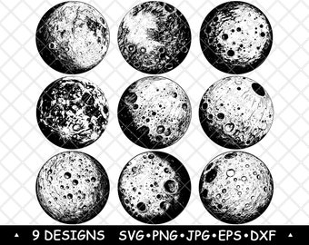 Moon Surface Clipart Bundle | Black and White Moon Phase Crater SVG PNG for Space Stickers, Engraving, Prints