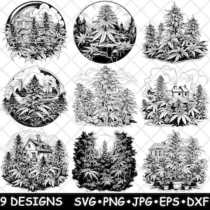 Peut inclure: Neuf illustrations en noir et blanc de plants de cannabis dans différents environnements, notamment une maison, un étang et un champ. Les illustrations sont dans un cadre circulaire.