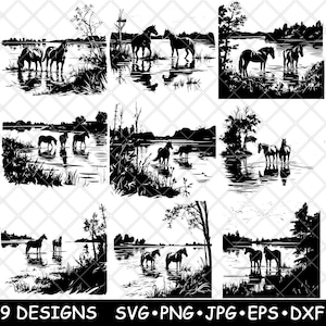 Pferd See Wasser Teich Fluss Grasende Szene Hengst Wild Laser Datei SVG PNG JPG Graustufen Brennen Bild Schnitt Vektor Untersetzer Schwarz Weiß Cnc Holz