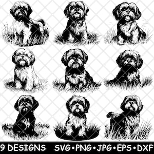 Shih Tzu-hond puppy Canine huisdier harige kleine grasveld laserbestand SVG PNG JPG grijswaarden afbeelding branden gesneden vector Coaster zwart wit CNC hout