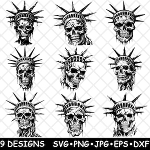 Estátua da Liberdade Crânio Esqueleto Patriótico Monumento Dama Arquivo Laser SVG PNG JPG Tons de Cinza Queimado Imagem Corte Vetor Coaster Preto Branco Cnc Madeira
