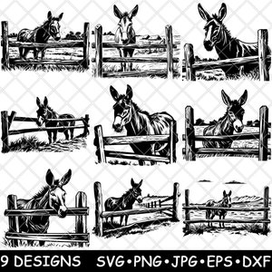 Burro de celeiro rústico, mula, mini cabeça de esel, fazenda de burro, cerca de burro, SVG, Dxf, Eps, PNG, Cricut, Silhueta, Corte, Laser, Estêncil, Ferro de passar, Clip-art, Impressão
