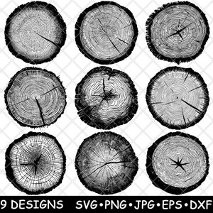 木のスライス スラブ 丸い木の切り株 リング 木材 木目 自然 レーザー ファイル SVG PNG JPG グレースケール 焼き込み画像 カット ベクター コースター 黒 白 CNC