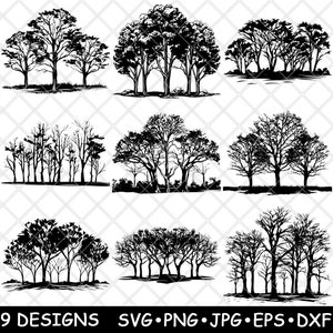 Könnte beinhalten: Neun Schwarzweiß-Silhouetten-Designs verschiedener Baumformen. Die Bäume sind in drei Reihen mit jeweils drei Bäumen angeordnet.