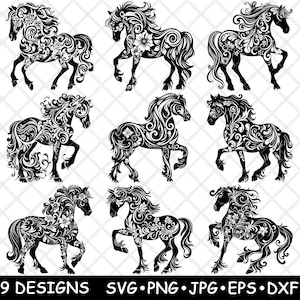 Motif floral tourbillonnant cheval Nature équestre animal Fichier laser SVG PNG JPG en niveaux de gris Image de gravure coupe vecteur sous-verre noir blanc Cnc bois