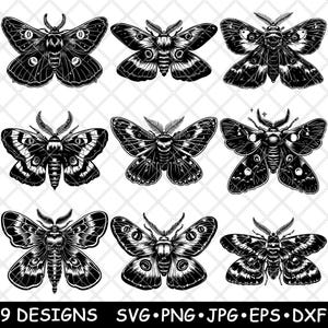Gotische nachtvlinder vlinder gevleugelde insecten bestuiver nachtelijke laserbestand SVG PNG JPG grijswaarden afbeelding branden gesneden vector Coaster zwart wit CNC hout