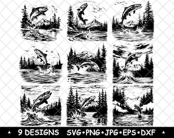 Salmon Fishing SVG Bundle Leaping Fish Mountain Lake Designs Rustic Outdoor Clipart Laser Engraving