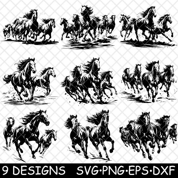 Arabian Horses Gallop Quarter Thoroughbred American Paint Morgan SVG,DXF,Eps,PNG,Cricut,Silhouette,Cut,Laser,Stencil,Sticker,Clipart,Print