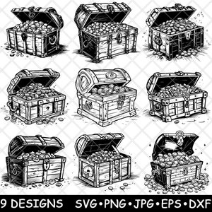Op de afbeelding: Negen zwart-wit illustraties van schatkisten gevuld met gouden munten. De kisten zijn open en gesloten, met verschillende ontwerpen en details. De illustraties zijn perfect voor knutselprojecten, scrapbooking of digitaal ontwerp.