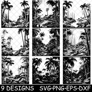 May include: Nine black and white silhouette designs of tropical jungle scenes with palm trees and foliage. Each design features a different arrangement of trees and foliage, creating a variety of options for crafting projects.