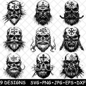 Caveira Viking Antiga Barba Bigode Gótico Pirata Horror Laser Arquivo SVG PNG JPG Tons de Cinza Queimado Imagem Corte Vetorial Porta-copos Preto Branco Madeira Cnc