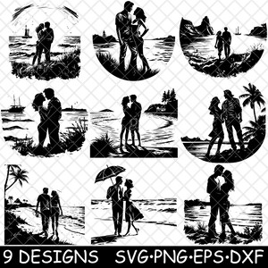 Couple Beach Sea Pair Lovers Valentine Kiss Scene Board Coaster Black White SVG,Dxf,Eps,PNG,Glowforge,Lightburn,Cut,Laser,Engrave,Iron-on