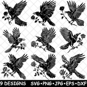 Raaf met roos donkere gotische vogel romantische kraai bloem laserbestand SVG PNG JPG grijswaarden afbeelding branden gesneden vector Coaster zwart wit CNC hout