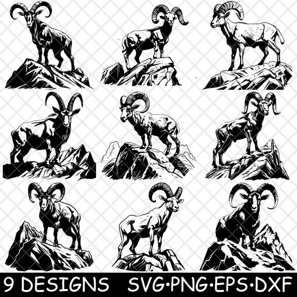 Ibex Mountain Goat Alpine Wild Capra Horned Chamois Rocky Cliff SVG,Dxf,Eps,PNG,Cricut,Silhouette,Cut,Laser,Stencil,Sticker,Clipart,Print