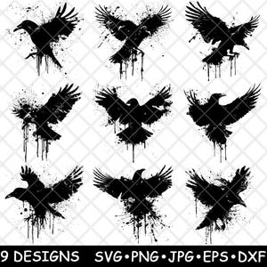 Fliegender Rabe Gothic Vogel Krähe Wildlife Tinte Splatter Art Laser Datei SVG PNG JPG Brennen Bild geschnitten Untersetzer Schwarz Weiß Cnc Holz