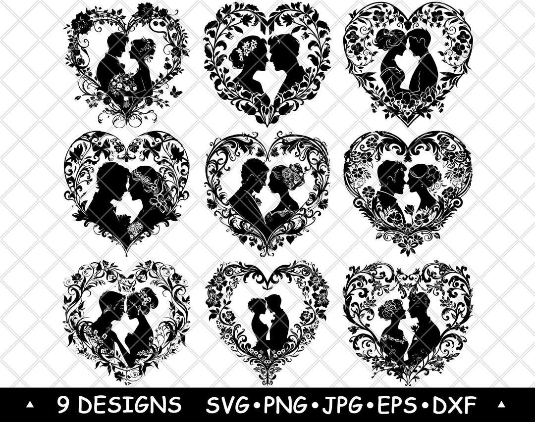 Wedding Couple in Heart Vector - Romantic Floral Silhouette Clipart for ...