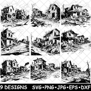 Edificios abandonados Casas destruidas Ruinas Apocalipsis Pueblo Archivo láser SVG PNG JPG Escala de grises Imagen quemada Cortar Vector Posavasos Negro Blanco Cnc Madera