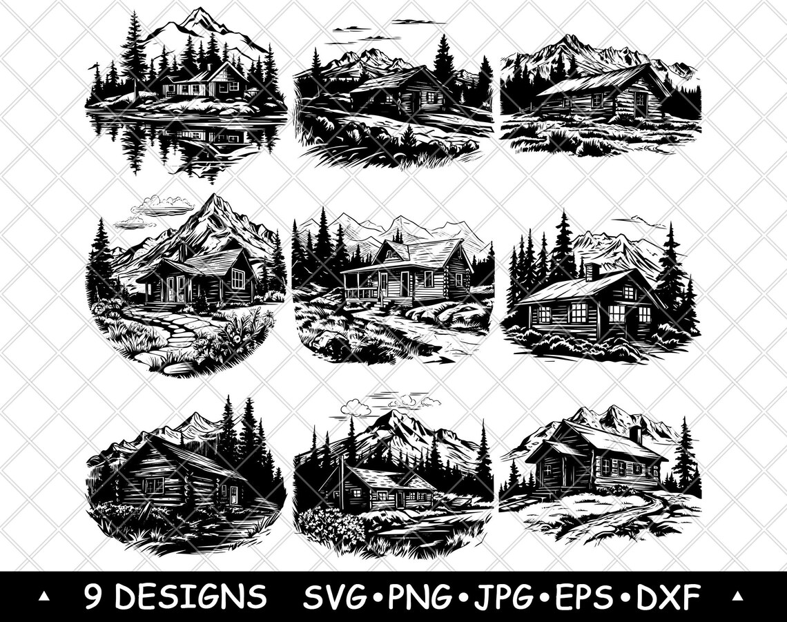 Rustic Log Cabin Woodland Retreat House Mountain Lake Laser File SVG ...