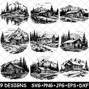 Rustiek blokhut Woodland Retreat House Mountain Lake Laserbestand SVG PNG JPG grijswaarden afbeelding branden gesneden vector Coaster zwart wit CNC hout