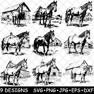 Rustic Barn Horse Farmhouse Shire Belgian Percheron West Laser File SVG PNG JPG Grayscale Burn Image Cut Vector Coaster Black White Cnc Wood
