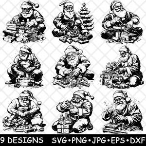 May include: Black and white illustrations of Santa Claus working on toys. Santa is depicted in various poses, surrounded by gifts, tools, and toys. The image includes the text "9 DESIGNS SVG PNG JPG EPS DXF".