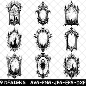 May include: Nine black and white gothic style mirror frames with intricate details. The frames are in various shapes and sizes, some with a tree or castle silhouette inside.