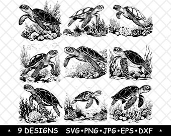 Zielony żółw morski Żółw oceaniczny morski podwodny rafa koralowa Aqua SVG,Dxf,Eps,PNG,Cricut,Sylwetka,Cięcie,Laser,Szablon,Żelazo,Clipart,Druk
