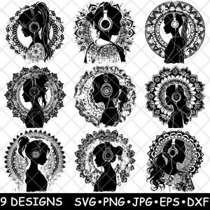 Menina com fones de ouvido amante da música floral mandala boho laser arquivo SVG PNG JPG tons de cinza queimar imagem corte vetor porta-copos preto branco cnc madeira