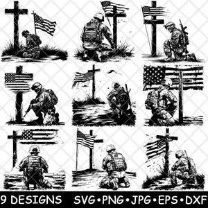 Soldat agenouillé croix drapeau américain mémorial honneur héros fichier laser SVG PNG JPG niveaux de gris gravure image coupe vecteur sous-verre noir blanc cnc bois