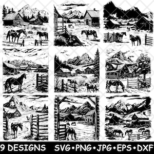 Old Western Ranch Horses Pasture Farmhouse Country Life Laser File SVG PNG JPG Grayscale Burn Image Cut Vector Coaster Black White Cnc Wood