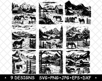 Rustic Mountain Ranch Clipart 9 Horse and Cabin Scene Vectors for Cricut, Laser Cut & Farmhouse Decor