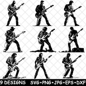 Bassista Bassista Chitarra Elettrica Musica Rock Chitarrista File Laser SVG PNG JPG Scala di Grigi Immagine Bruciata Taglio Vettore Sottobicchiere Nero Bianco Legno Cnc