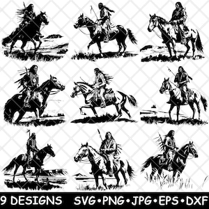 Cavalier tribal amérindien antique Navajo Ride West fichier laser SVG PNG JPG niveaux de gris gravure image coupe vecteur sous-verre noir blanc Cnc bois