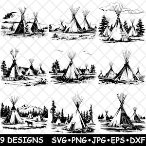 May include: Nine black and white illustrations of teepees in various settings. Some teepees are surrounded by trees, while others are in a more open landscape. The teepees are all drawn in a simple, stylized manner.