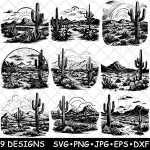 Pustynia Sonora Arizona Suchy region Saguaro Kaktus Cholla Suchy piasek SVG, Dxf, Eps, PNG, Cricut, Sylwetka, Cięcie, Laser, Szablon, Naklejka, Clipart, Drukuj